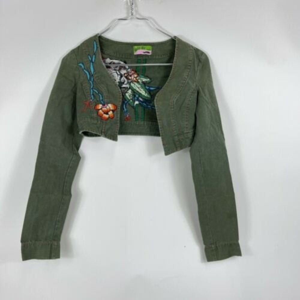 Miss Me Crop Womens Embroidery Skull Floral Long Sleeves Denim Jacket Fits XS